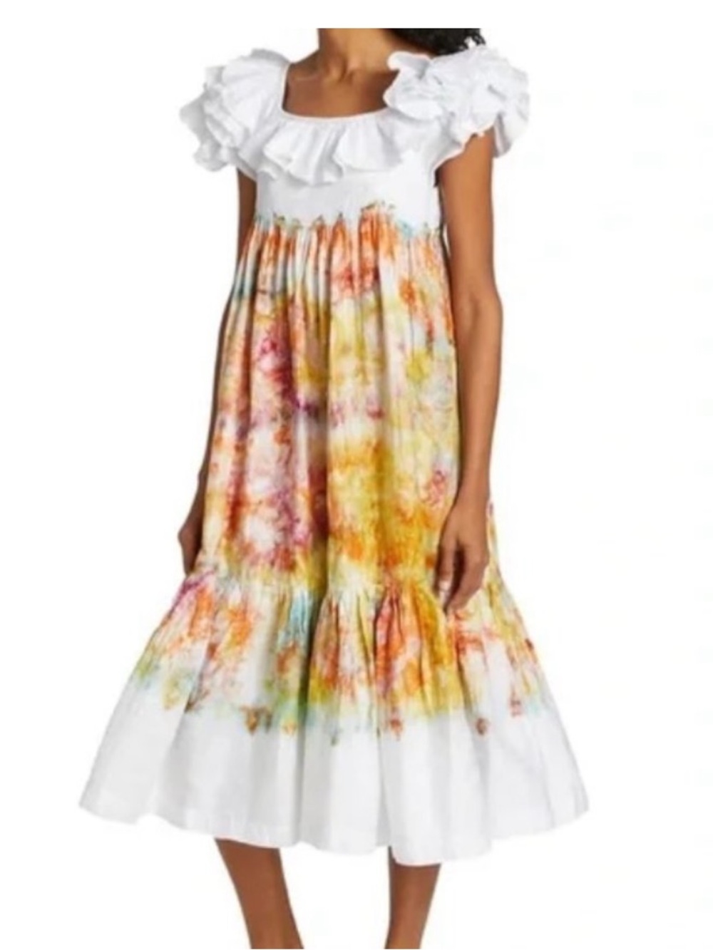 BUSAYO Boho White Tiered Cotton Midi Dress with Multicolor Tie-Dye Print Small